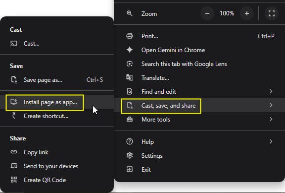 Menu browser Chrome - Install page as app
